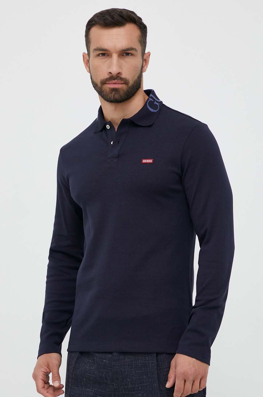Tričko s dlouhým rukávem Guess tmavomodrá barva, s aplikací - námořnická modř -  95 % Bavlna