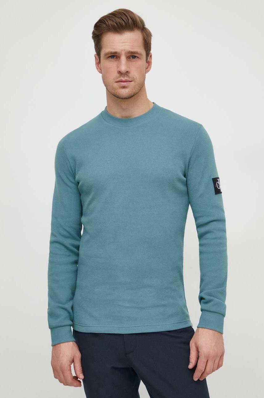 

Памучен суичър Calvin Klein Jeans в бежово с апликация J30J323485, Тюркоазен