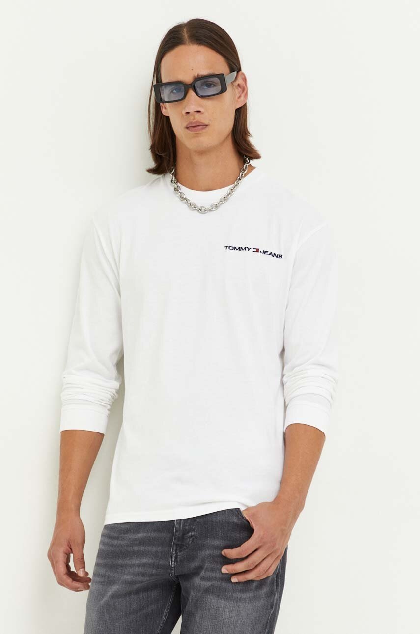 Tommy Jeans longsleeve din bumbac culoarea alb, neted