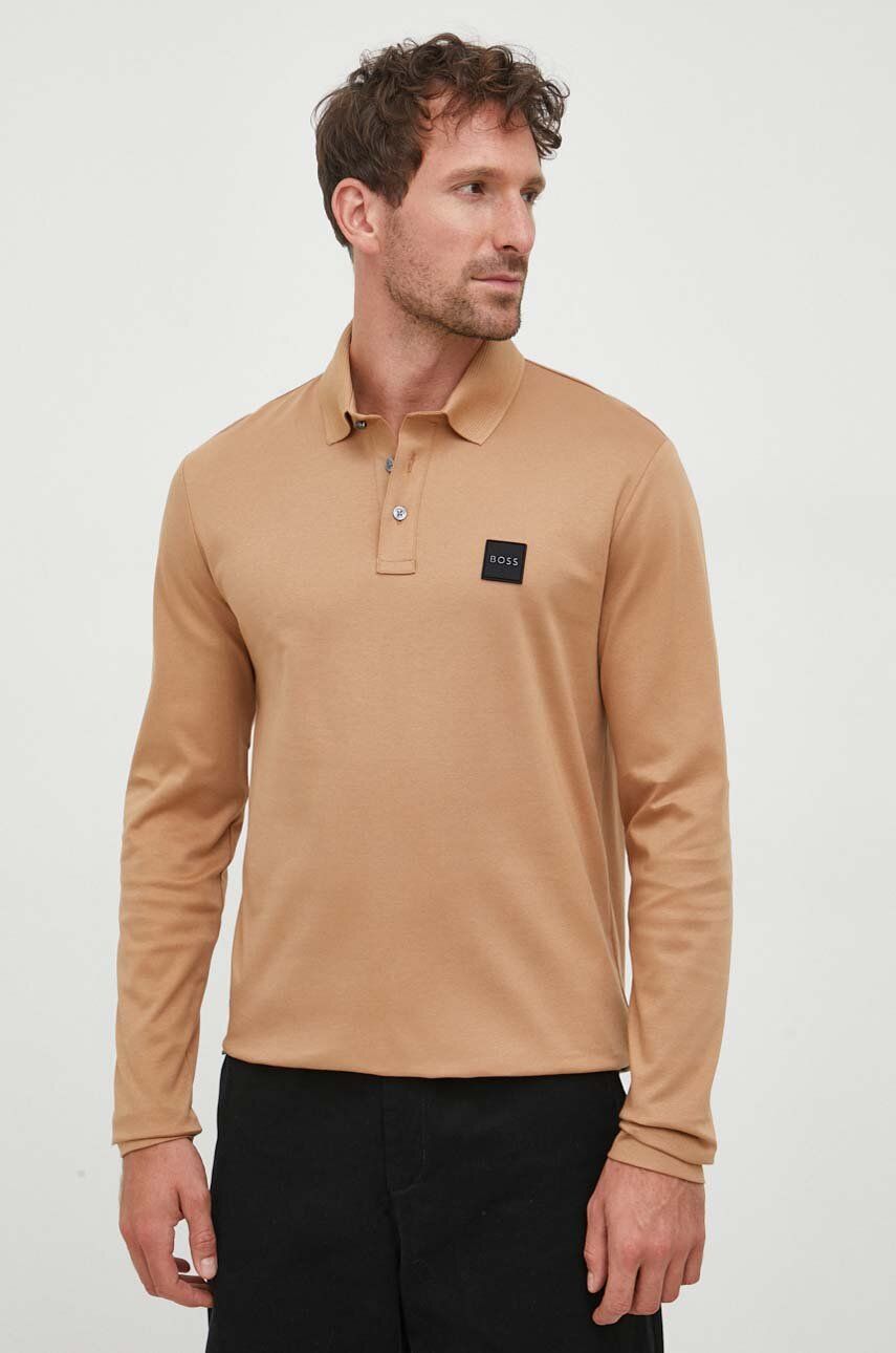 Levně Bavlněné tričko s dlouhým rukávem BOSS béžová barva, 50485162