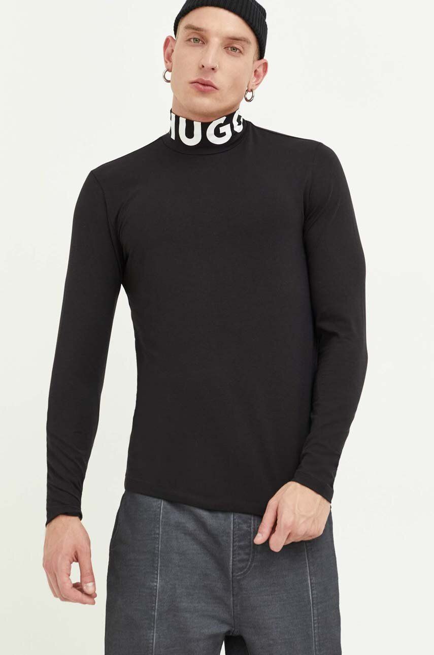 Tričko s dlouhým rukávem HUGO černá barva, s potiskem - černá -  63 % Lyocell