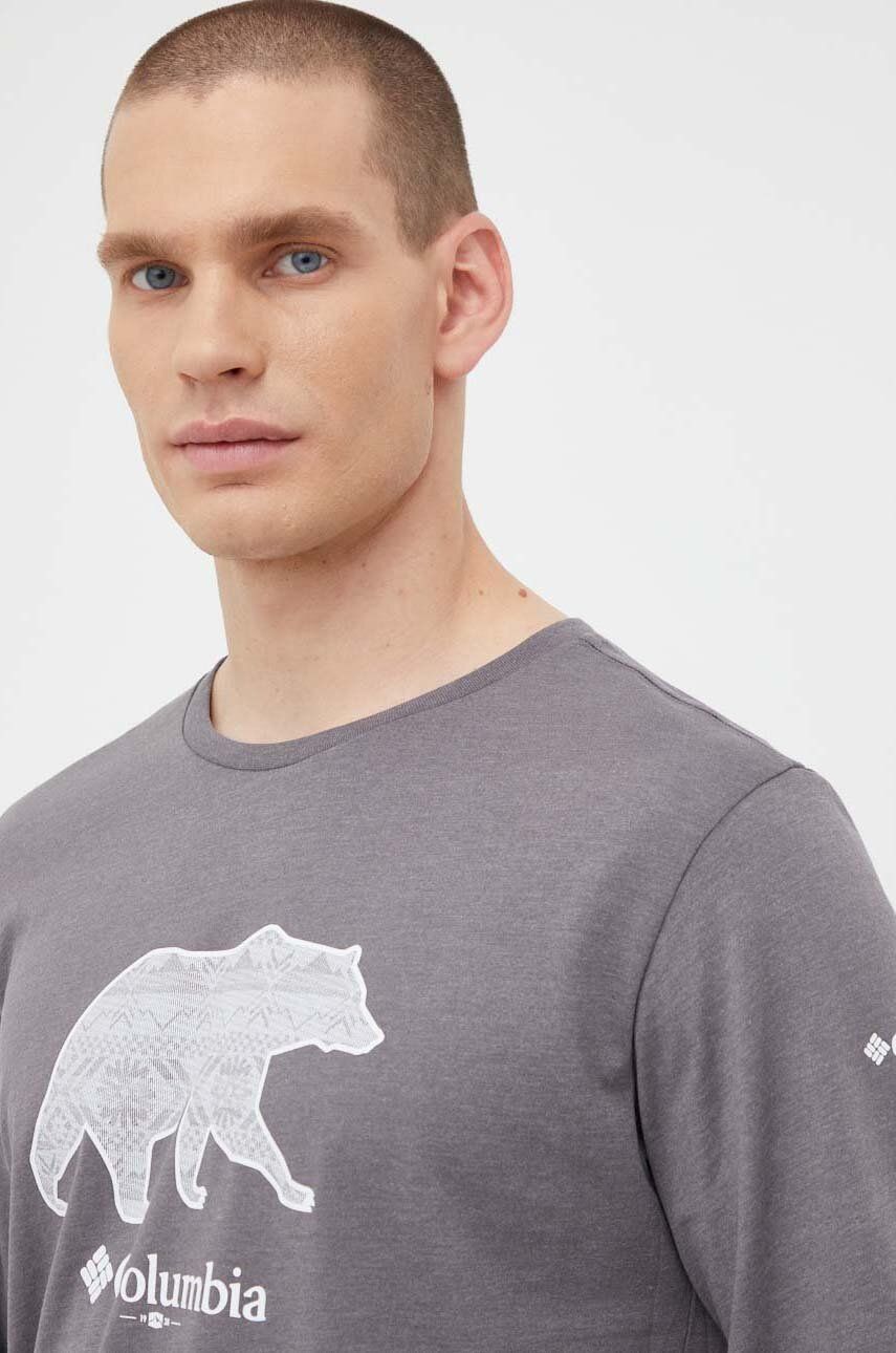 Levně Bavlněné tričko s dlouhým rukávem Columbia šedá barva, s potiskem