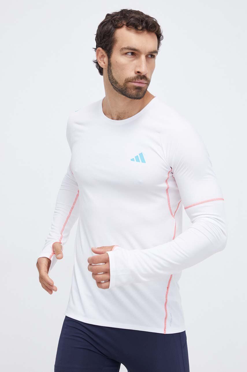 Levně Běžecké triko s dlouhým rukávem adidas Performance Adizero bílá barva, s potiskem