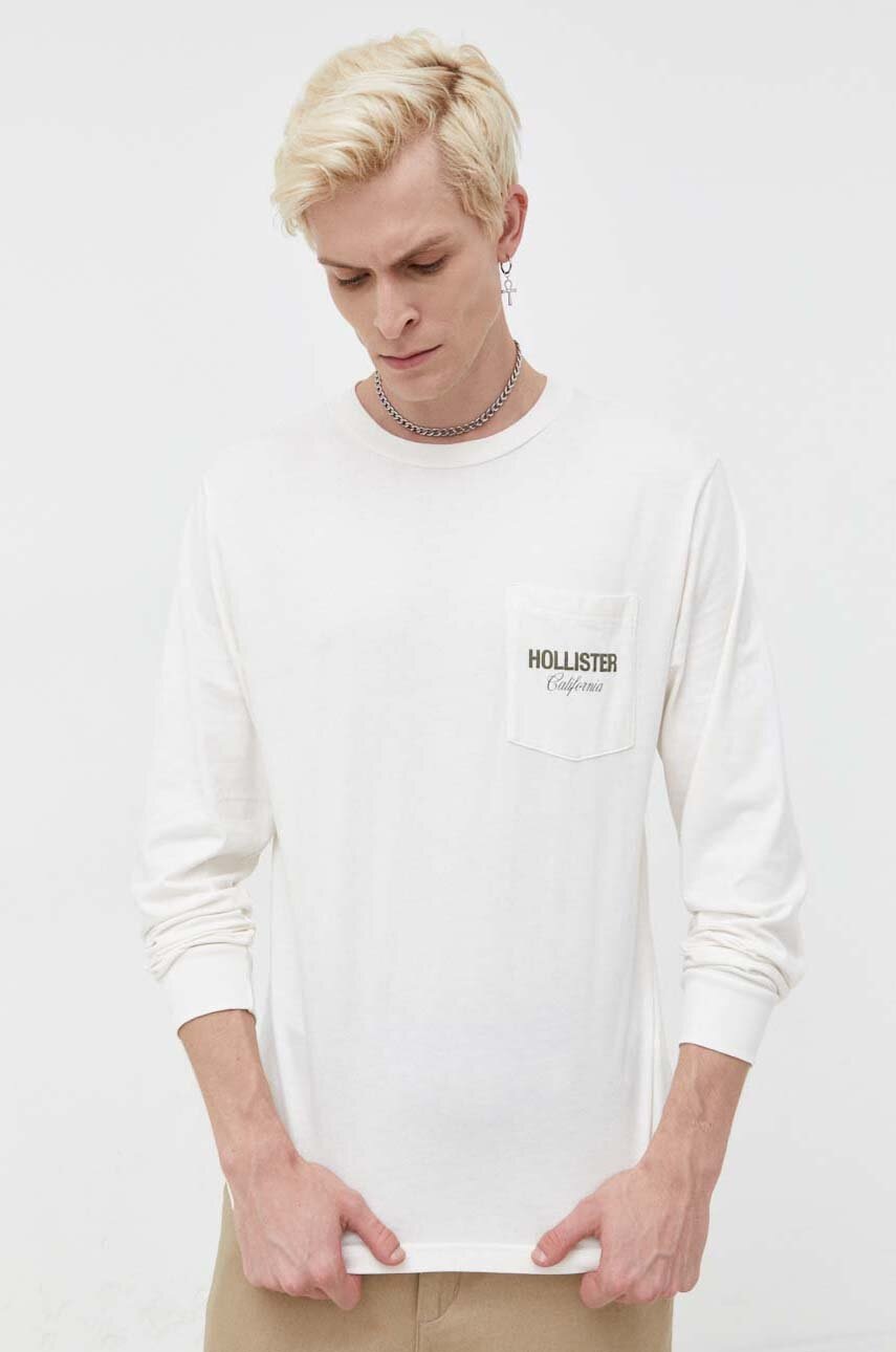 

Памучна блуза с дълги ръкави Hollister Co. в бежово с принт, Бежов