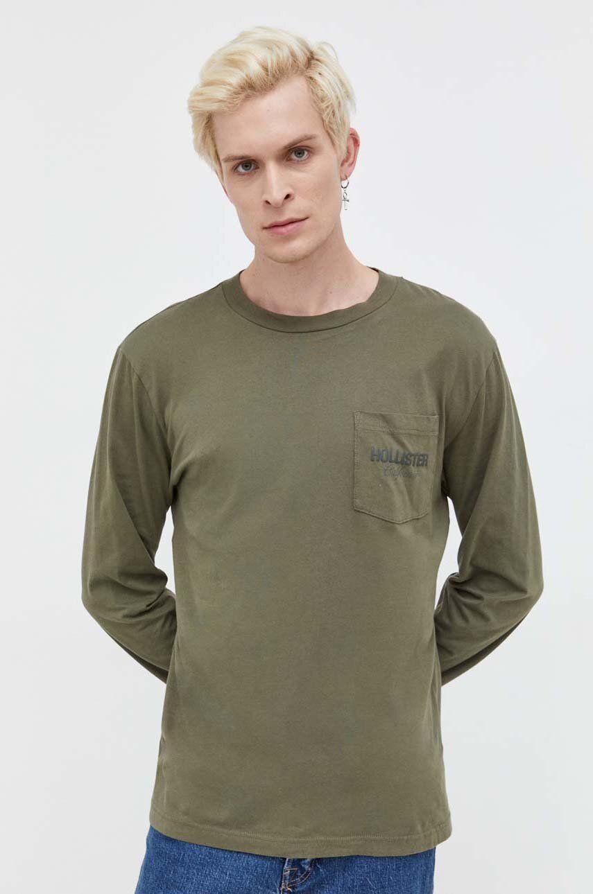 Bavlněné tričko s dlouhým rukávem Hollister Co. zelená barva, s potiskem - zelená - 100 % Bavlna