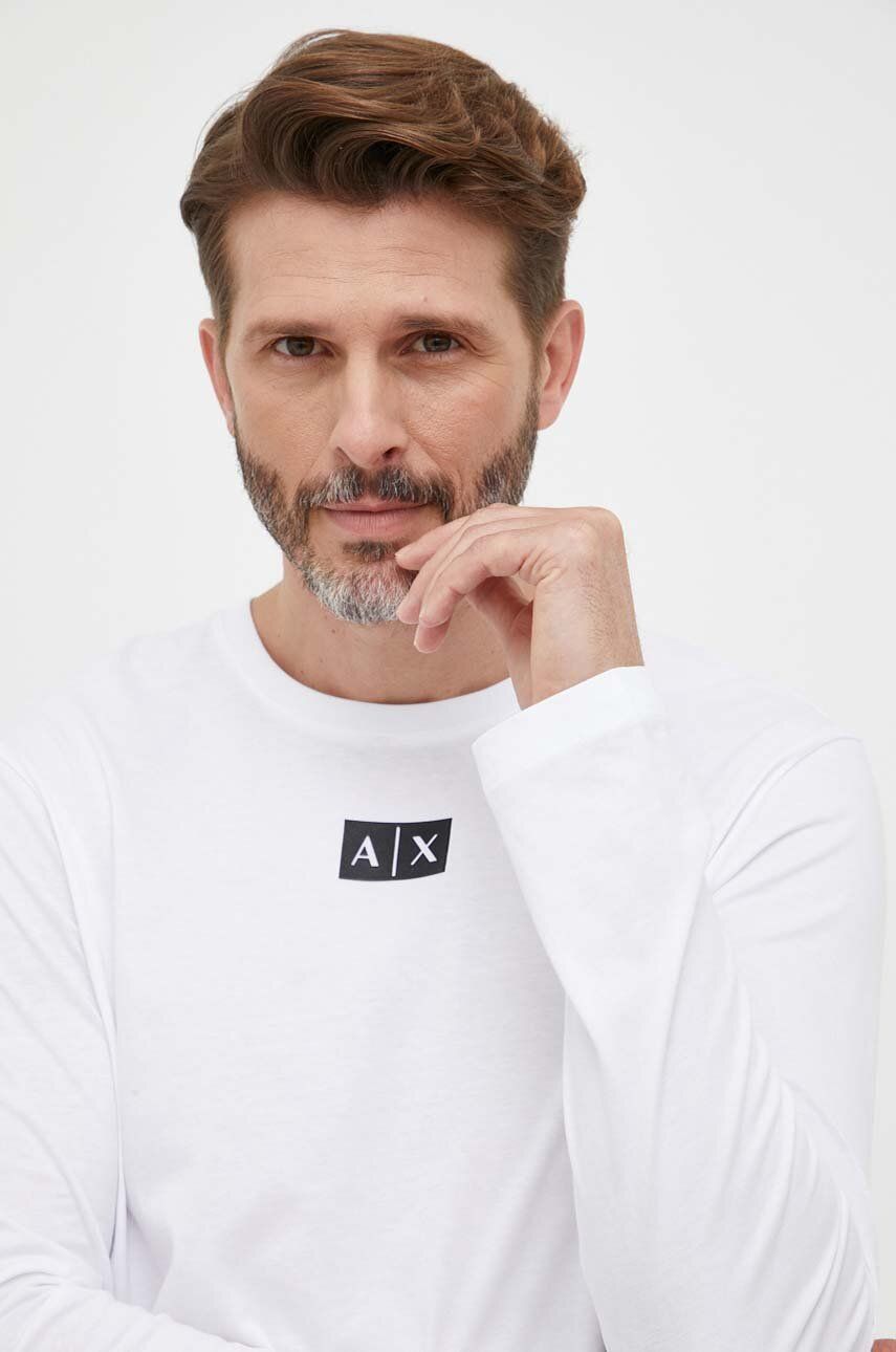 Bavlněné tričko s dlouhým rukávem Armani Exchange bílá barva, s potiskem - bílá -  100 % Bavlna