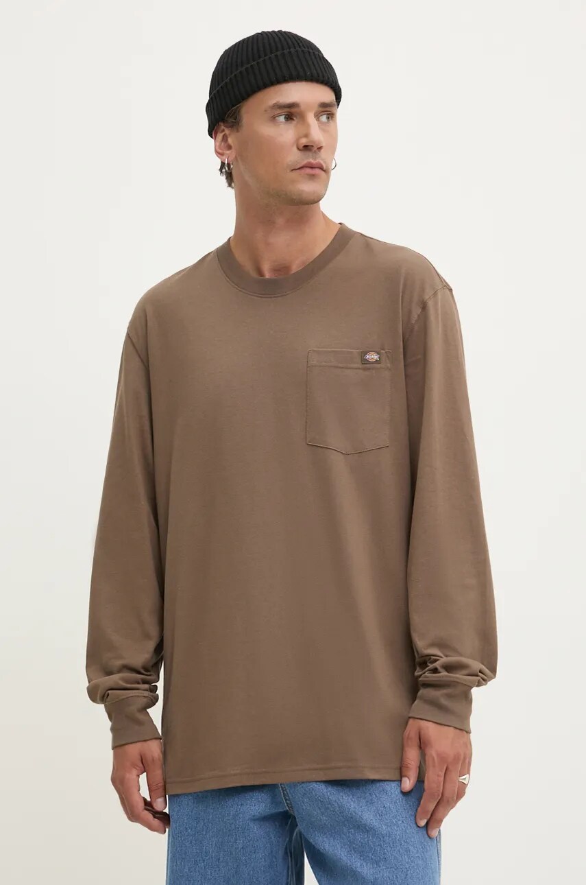 Dickies longsleeve din bumbac culoarea maro, neted