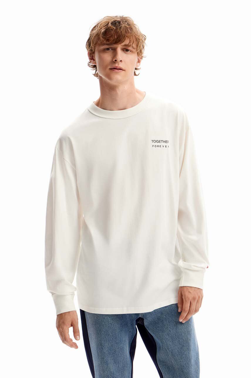 Bavlněné tričko s dlouhým rukávem Desigual béžová barva, s potiskem - béžová - 100 % Bavlna Pok