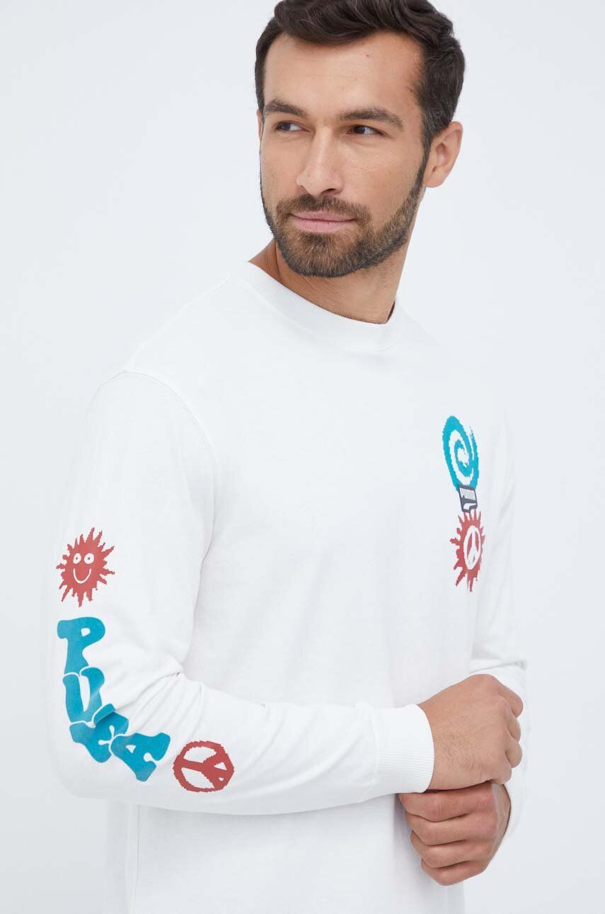 E-shop Bavlněné tričko s dlouhým rukávem Puma béžová barva, s potiskem