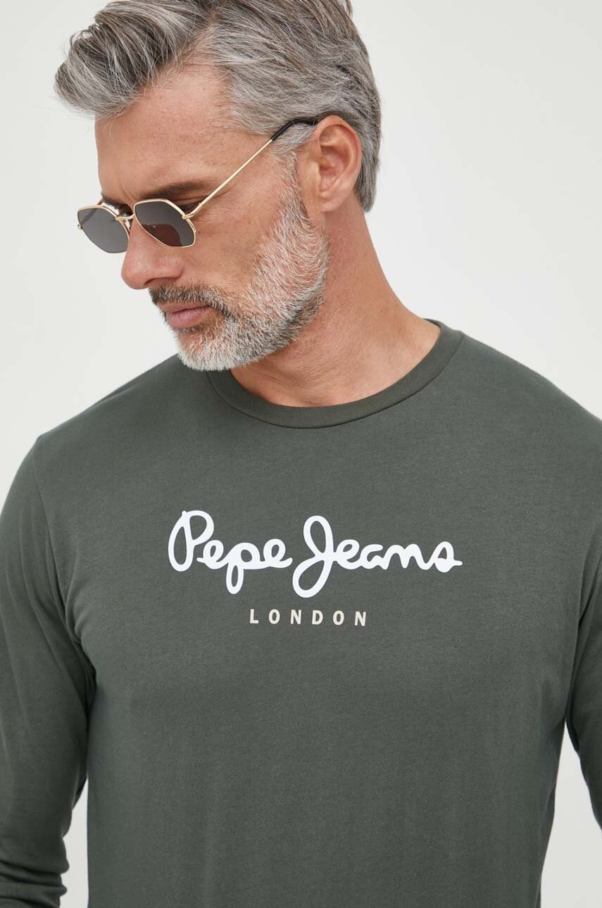 Pepe Jeans longsleeve din bumbac Eggo culoarea verde, cu imprimeu