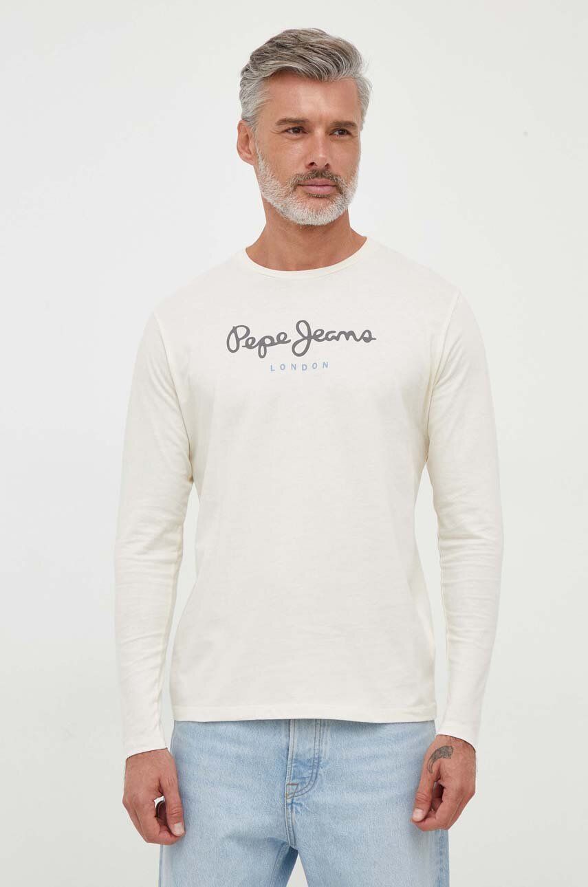 Bavlněné tričko s dlouhým rukávem Pepe Jeans béžová barva, s potiskem - béžová - 100 % Bavlna