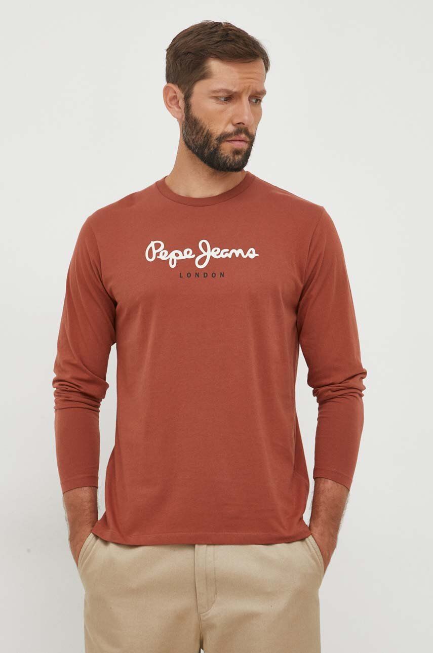 Pepe Jeans longsleeve barbati, culoarea maro, cu imprimeu