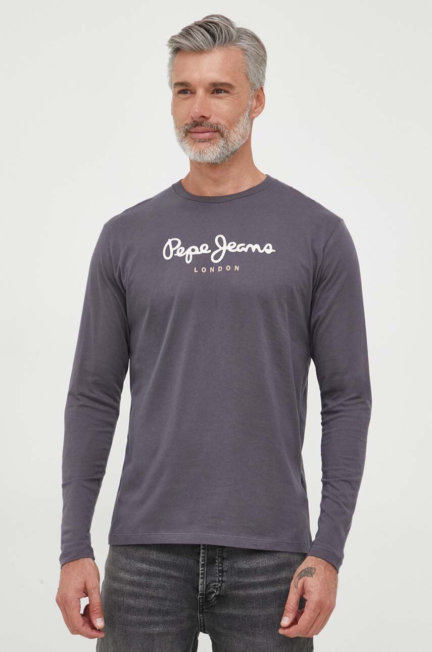 Pepe Jeans longsleeve din bumbac Eggo culoarea gri, cu imprimeu