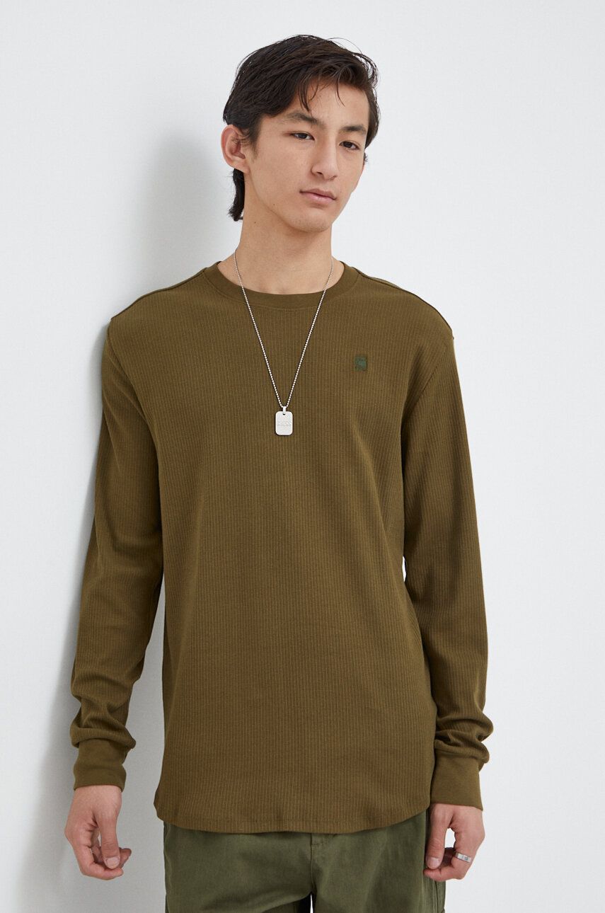 G-Star Raw longsleeve din bumbac culoarea verde, neted