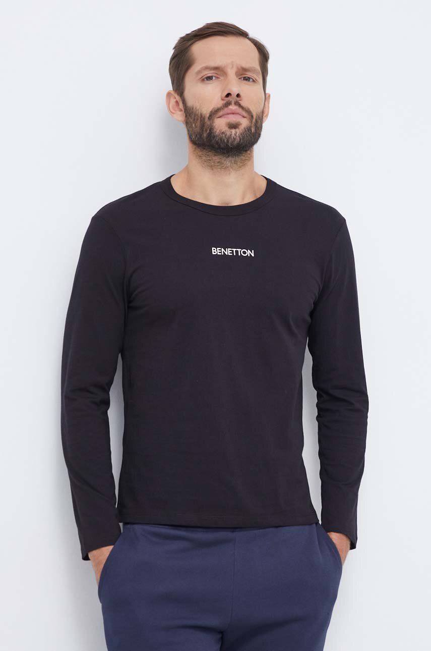 Bavlnené tričko s dlhým rukávom United Colors of Benetton čierna farba, s potlačou
