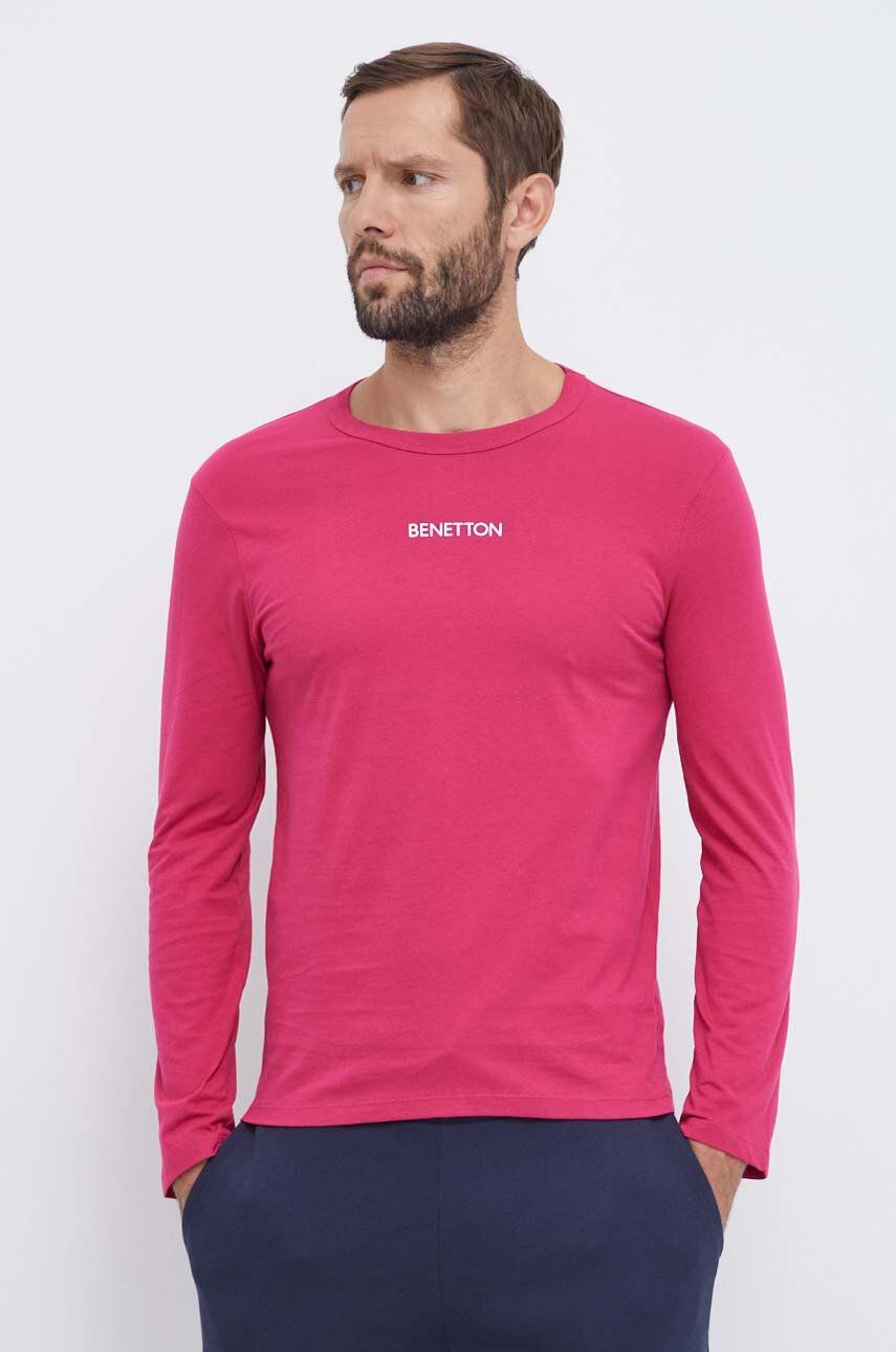 Tričko s dlouhým rukávem United Colors of Benetton růžová barva, s potiskem - růžová - 100 % Bavlna