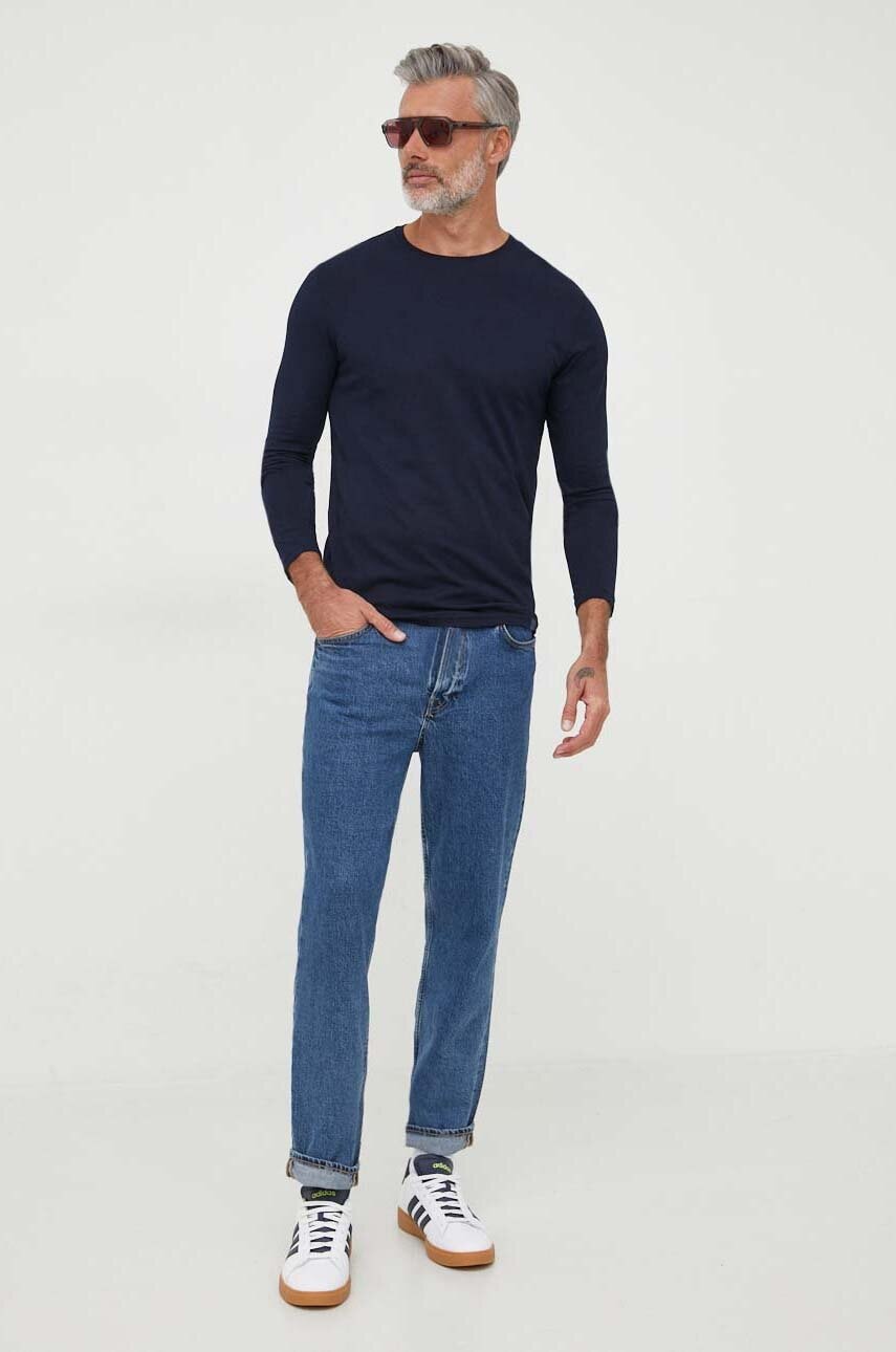 United Colors of Benetton longsleeve din bumbac culoarea albastru marin, neted