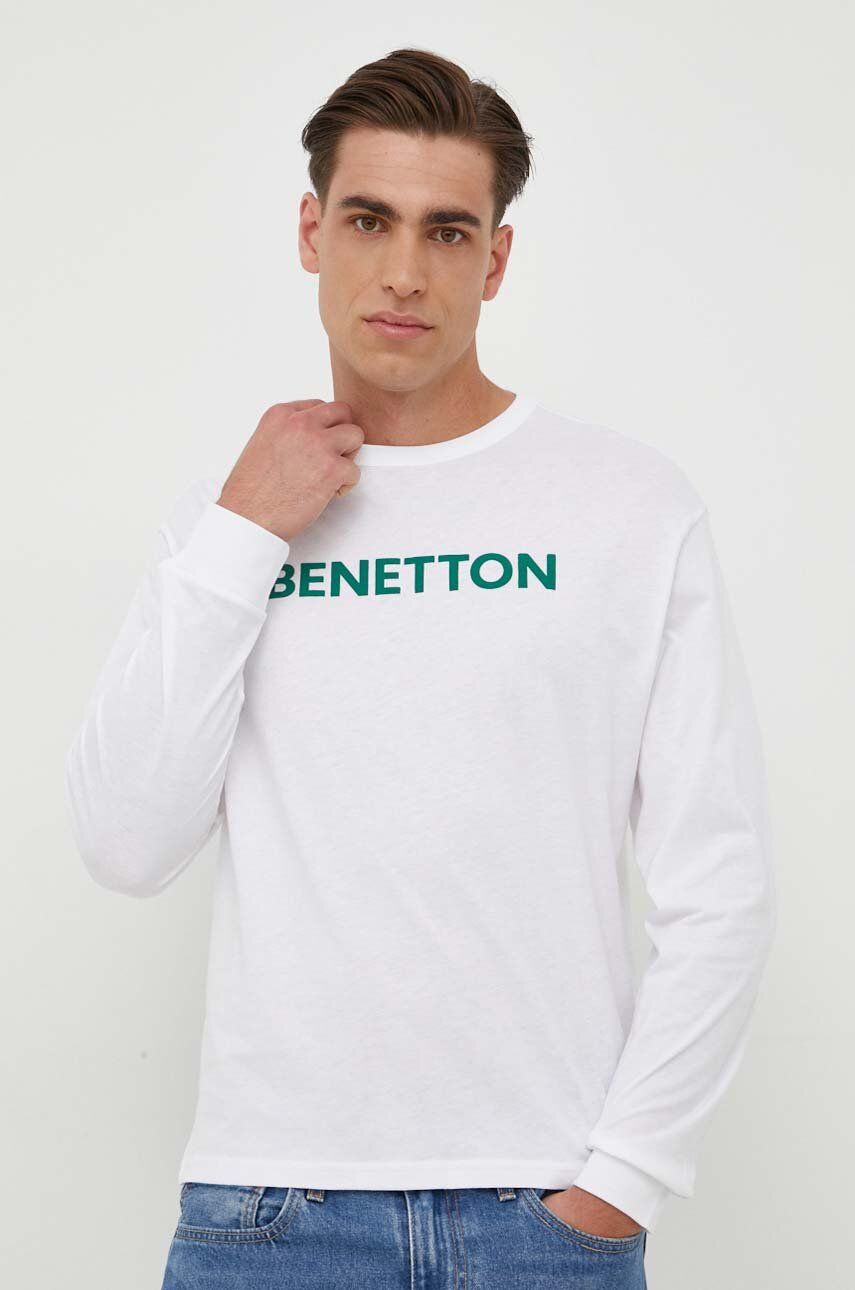 Bavlněné tričko s dlouhým rukávem United Colors of Benetton bílá barva, s potiskem - bílá -  10