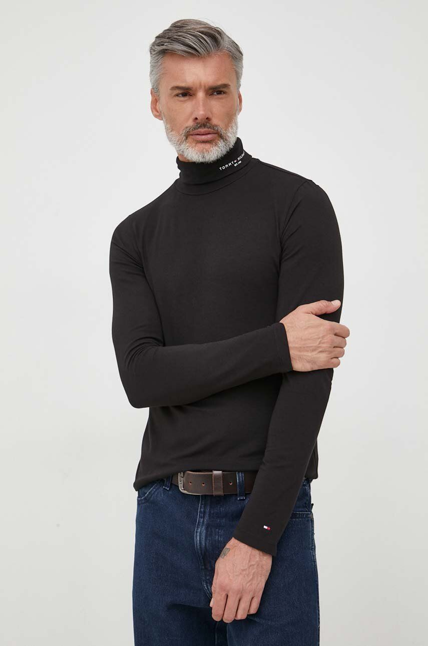 Tričko s dlouhým rukávem Tommy Hilfiger černá barva, s potiskem - černá - 96 % Bavlna
