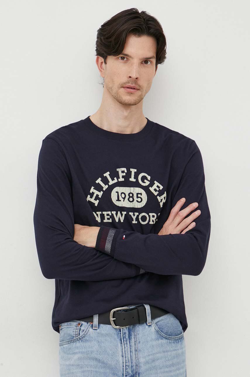 Bavlněné tričko s dlouhým rukávem Tommy Hilfiger tmavomodrá barva, s potiskem