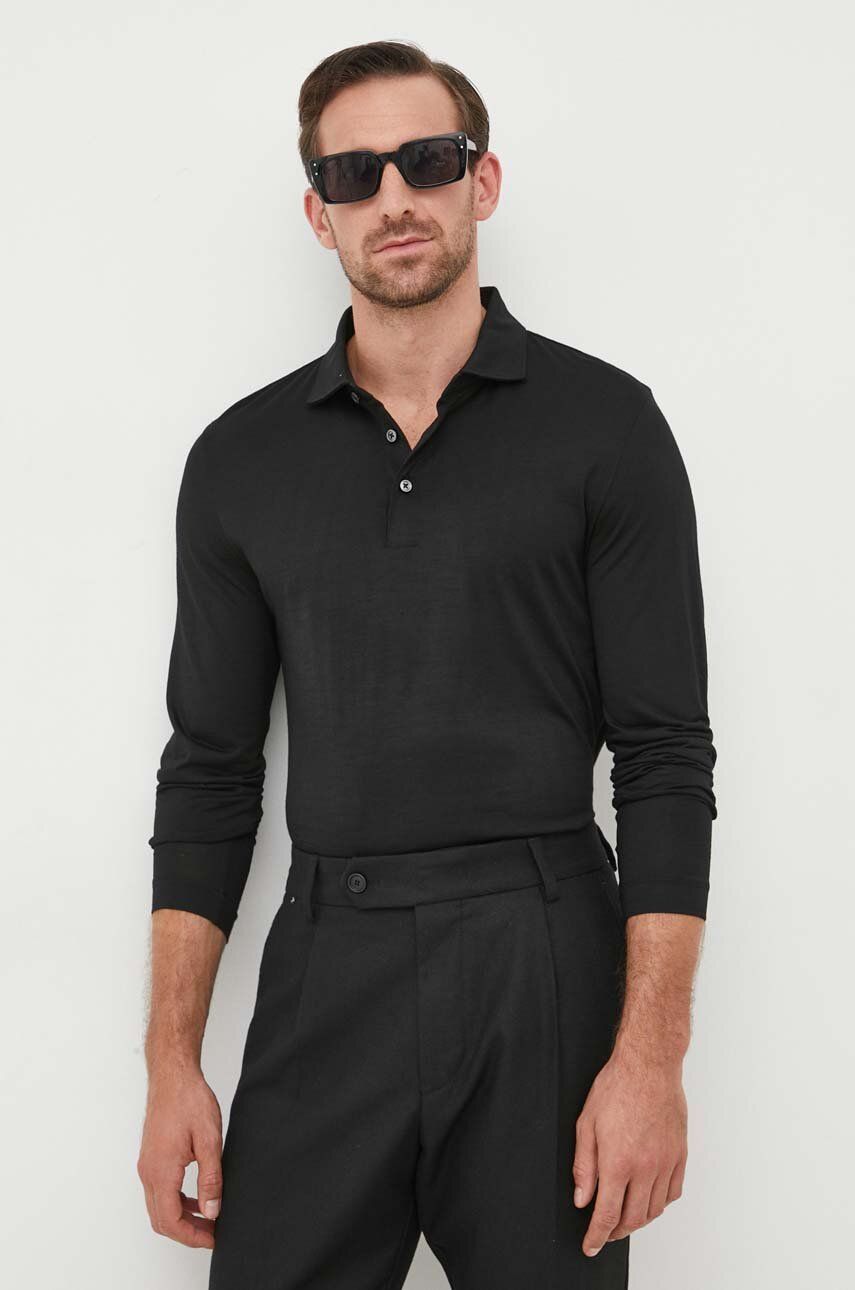 Vlněné tričko s dlouhým rukávem BOSS černá barva - černá - 100 % Virgin vlna