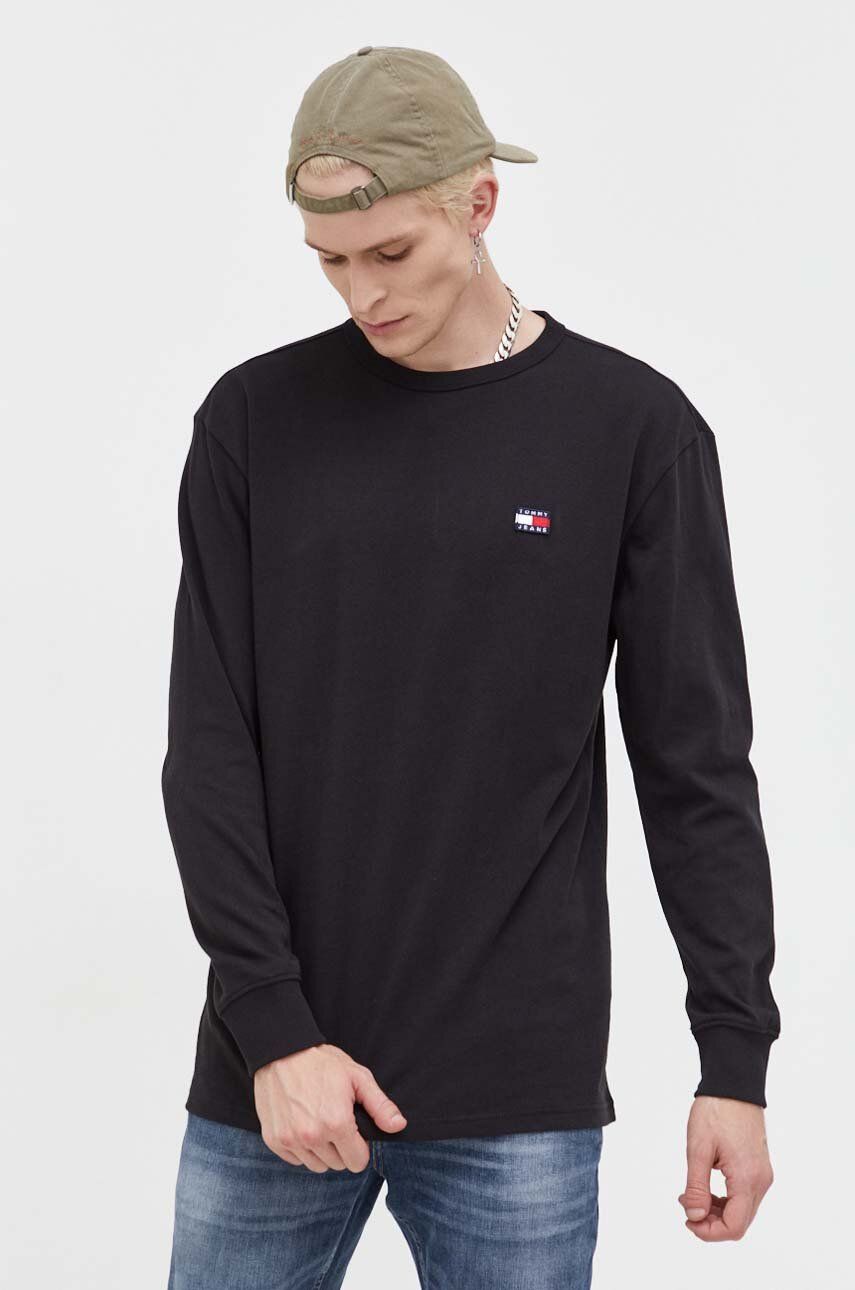 E-shop Bavlněné tričko s dlouhým rukávem Tommy Jeans černá barva, s aplikací