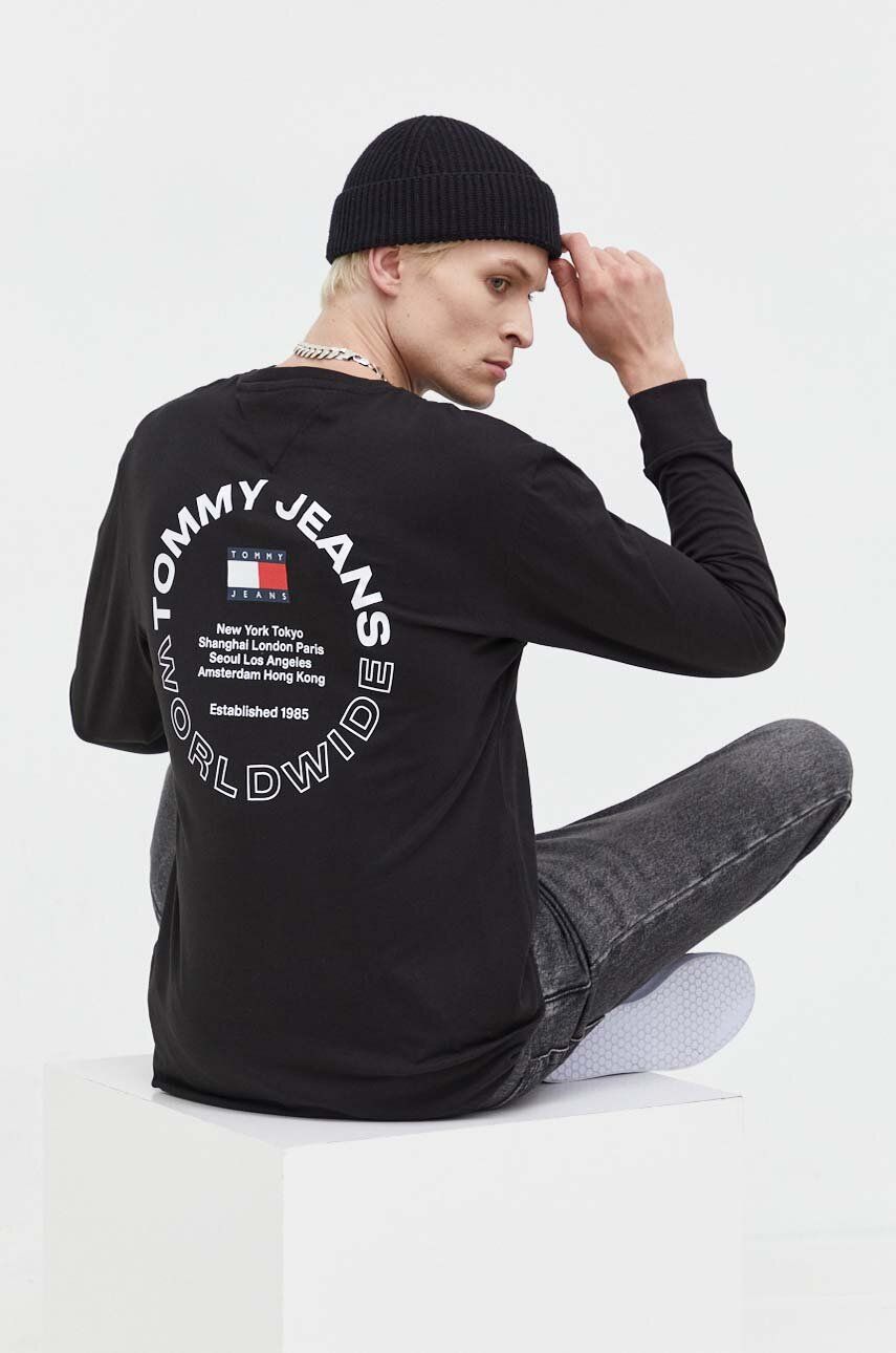 Bavlněné tričko s dlouhým rukávem Tommy Jeans černá barva, s potiskem - černá - 100 % Bavlna