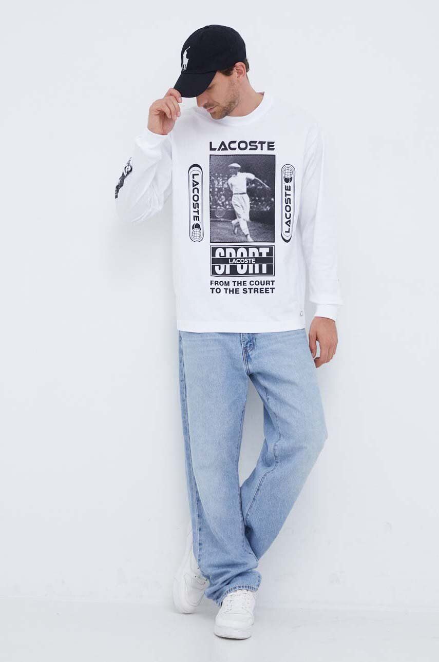 Lacoste longsleeve din bumbac culoarea alb, cu imprimeu - Sh