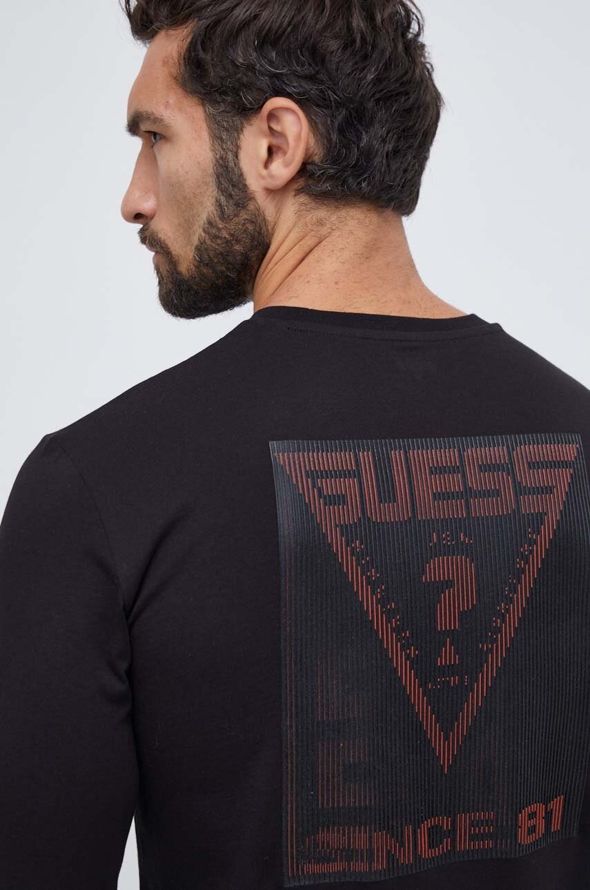 

Памучна блуза с дълги ръкави Guess в черно с принт, Черен