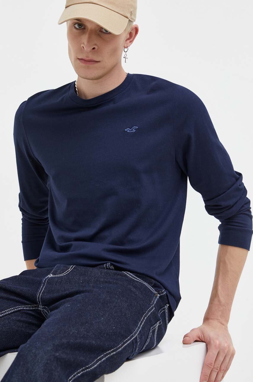 

Памучна блуза с дълги ръкави Hollister Co. в тъмносиньо с изчистен дизайн, Тъмносин