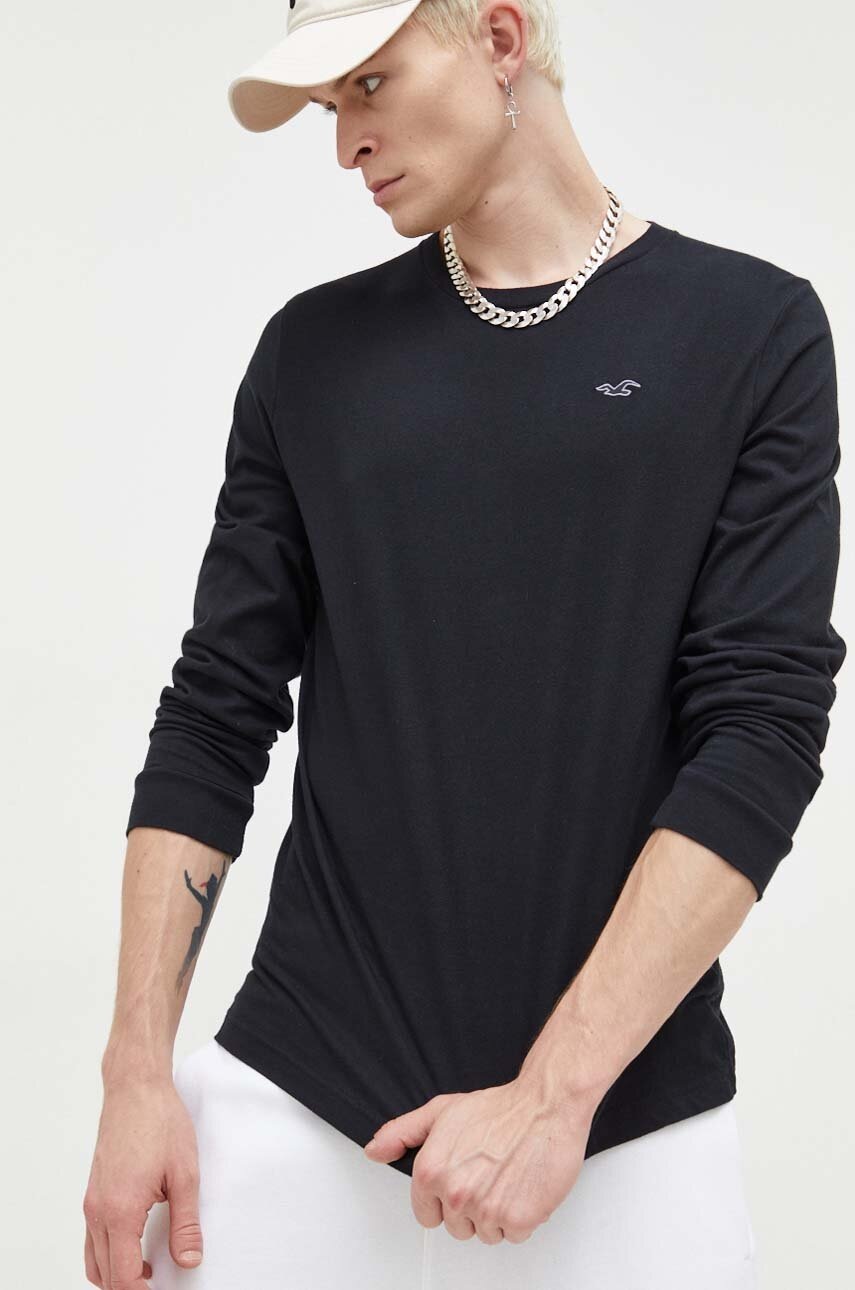 

Памучна блуза с дълги ръкави Hollister Co. в черно с изчистен дизайн, Черен
