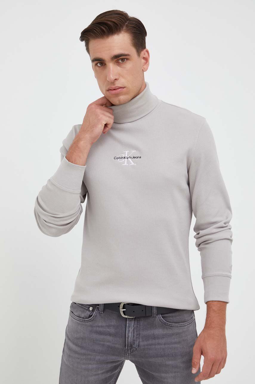 Tričko s dlouhým rukávem Calvin Klein Jeans šedá barva, s aplikací - šedá - 94 % Bavlna