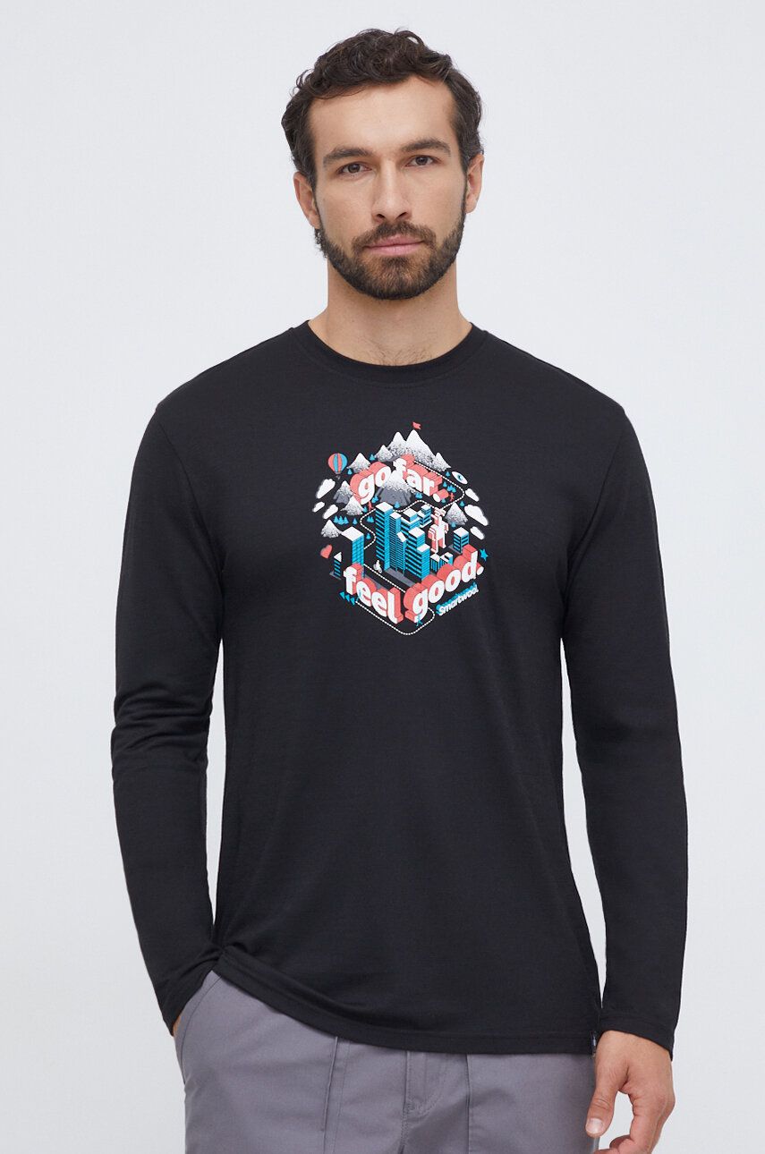 Levně Sportovní tričko s dlouhým rukávem Smartwool Denver Go Far Feel Good Graphic černá barva, s potiskem