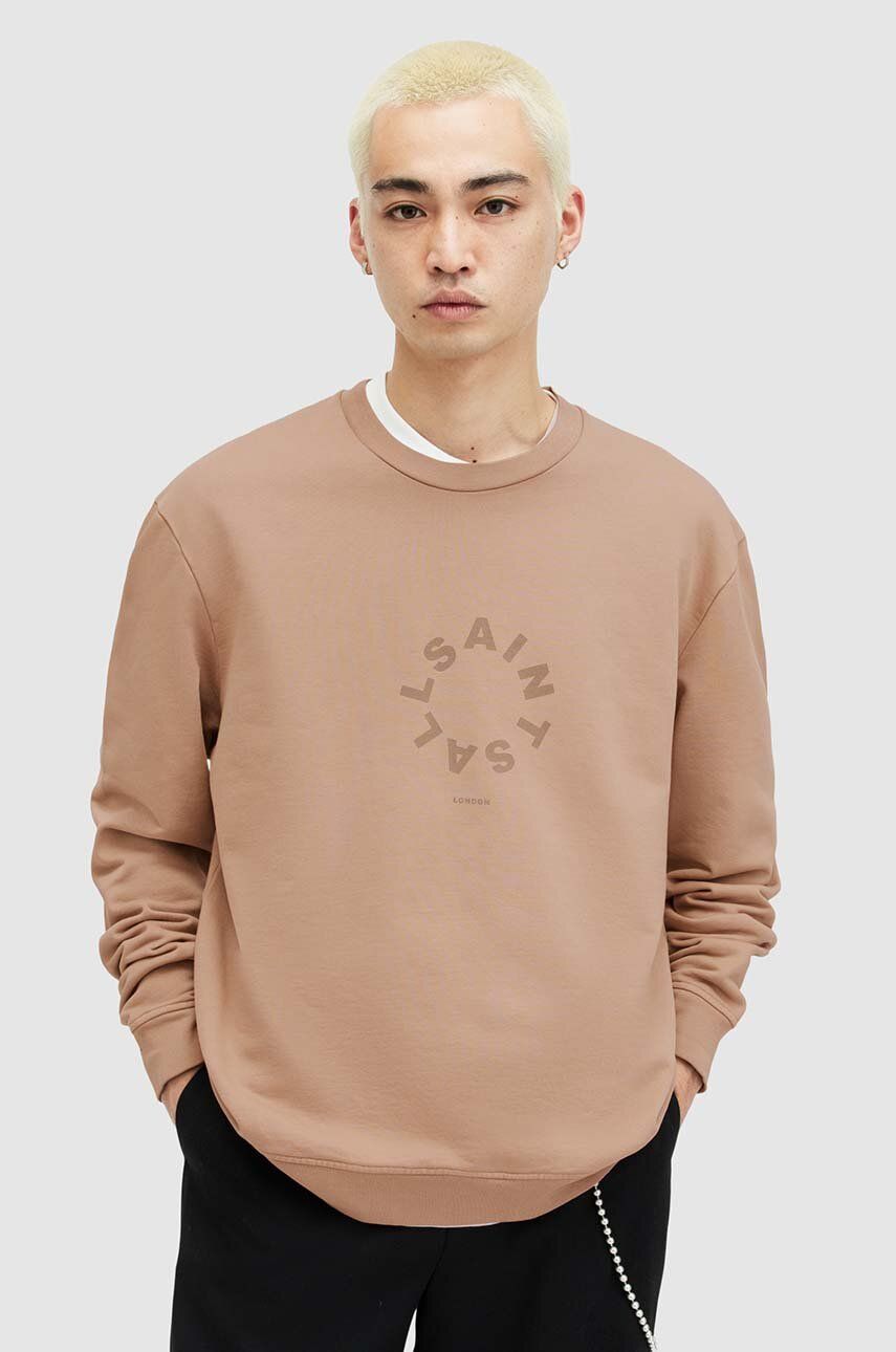 AllSaints longsleeve din bumbac TIERRA CREW culoarea maro, cu imprimeu