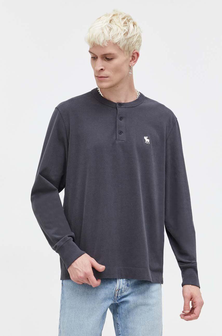 Bavlněné tričko s dlouhým rukávem Abercrombie & Fitch šedá barva, s aplikací - šedá - 100 % Bavlna