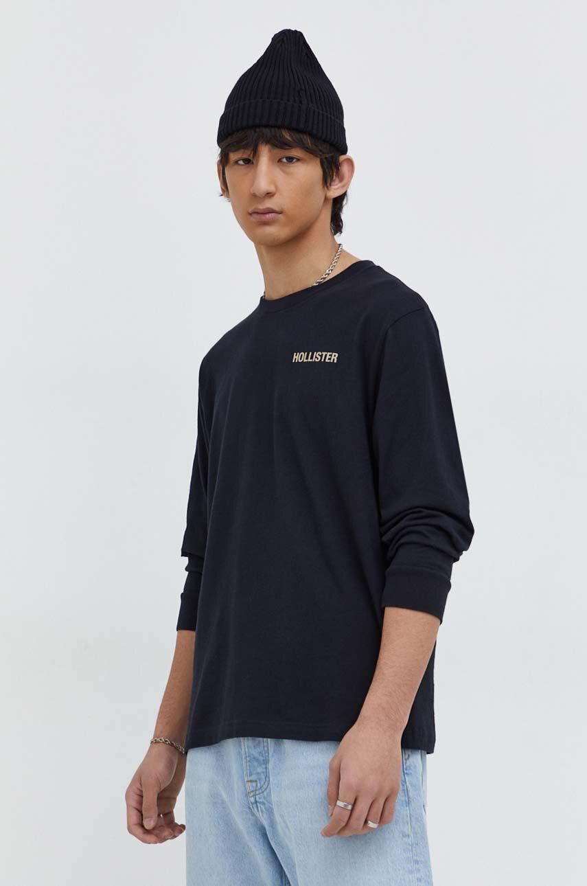 Bavlněné tričko s dlouhým rukávem Hollister Co. černá barva, s potiskem - černá - 100 % Bavlna