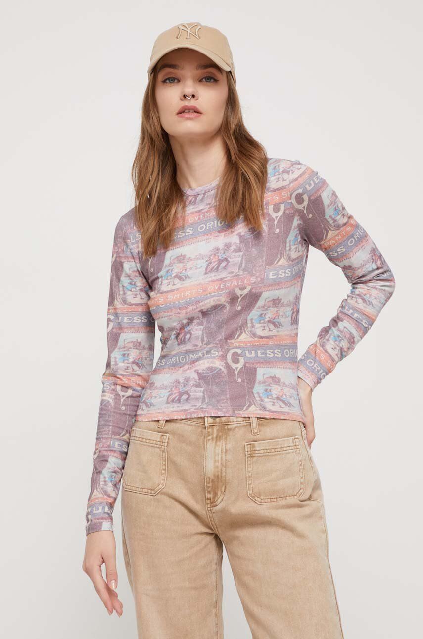 Tričko s dlouhým rukávem Guess Originals růžová barva - fialová - 95 % Bavlna