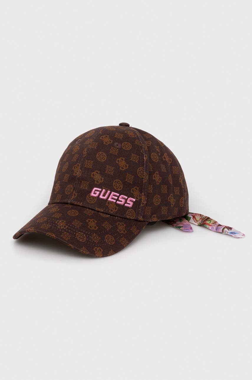 

Памучна шапка с козирка Guess в кафяво с десен, Кафяв