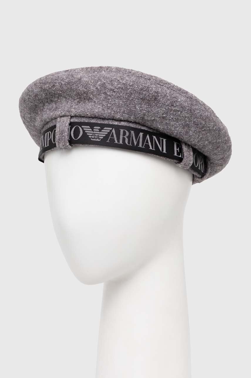Levně Vlněný baret Emporio Armani šedá barva, vlněný