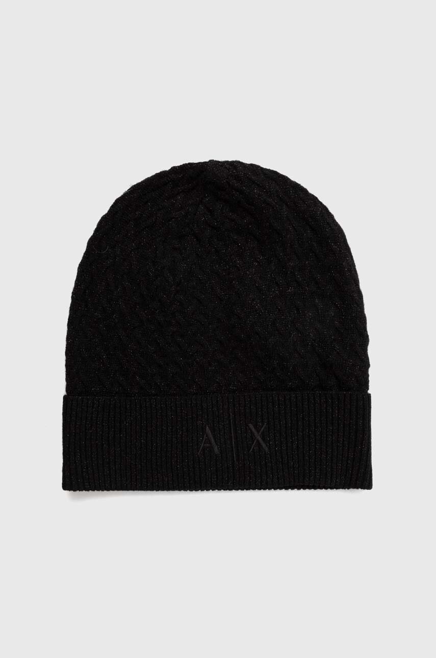 

Шапка с вълна Armani Exchange в черно с фина плетка, Черен