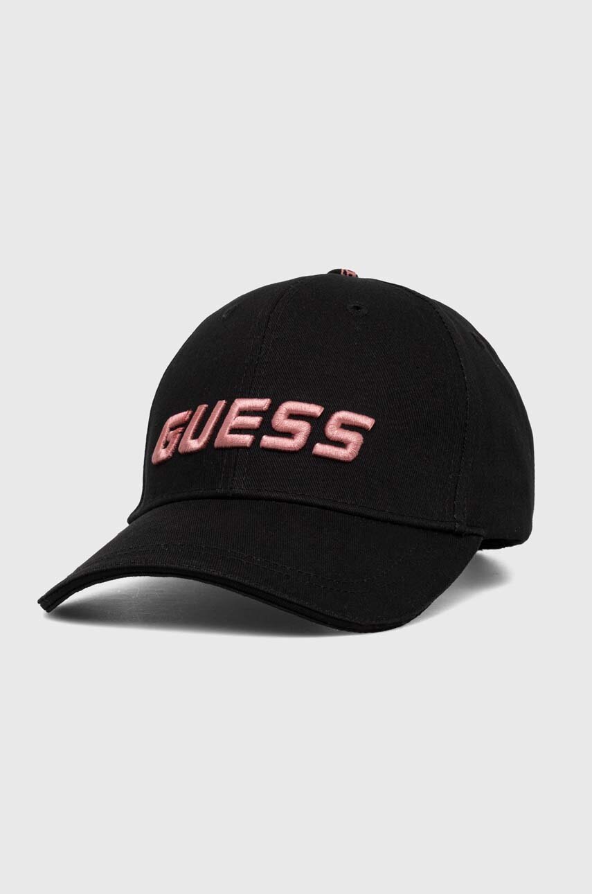 

Бавовняна бейсболка Guess колір чорний з аплікацією