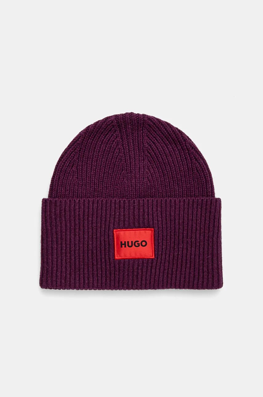 HUGO caciula de lana culoarea violet, de lana, din tricot gros