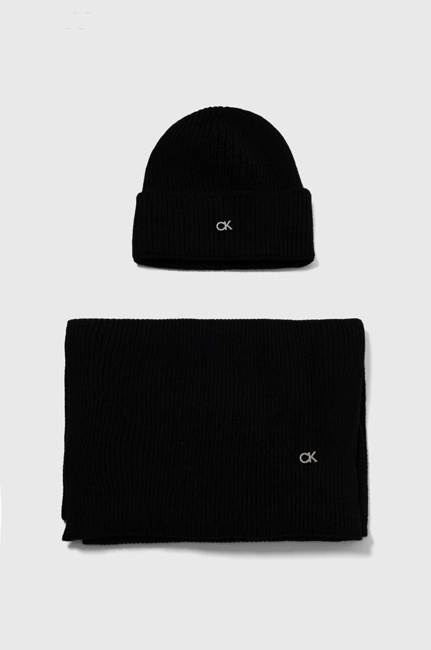 Čepice a šála Calvin Klein černá barva - černá - 35 % Polyamid
