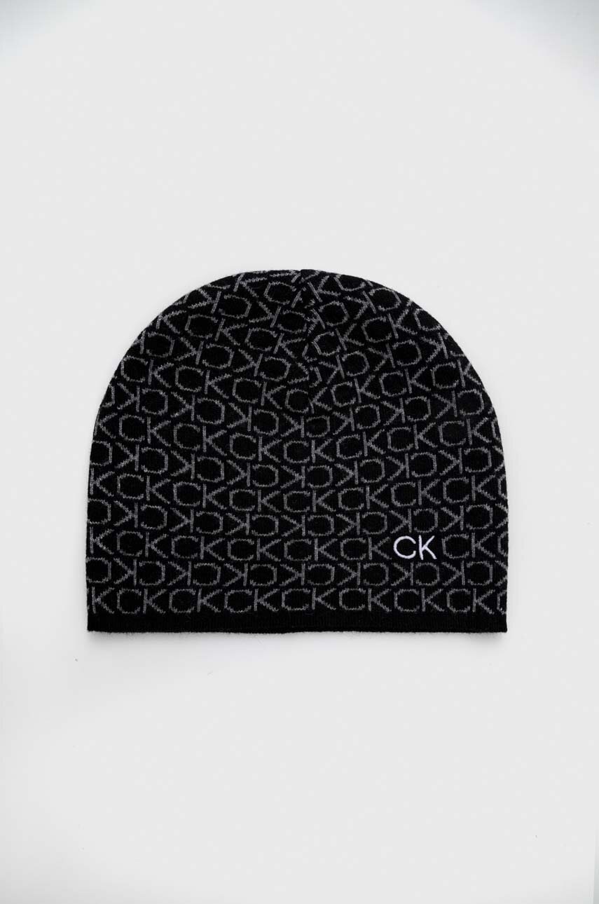 

Шапка с кашмир Calvin Klein в черно с фина плетка, Черен