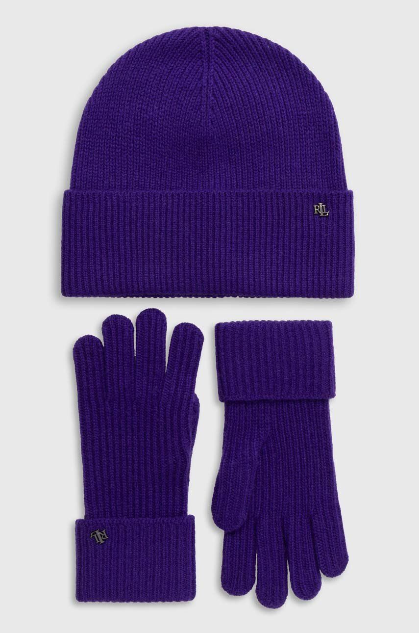 Levně Vlněná čepice a rukavice Lauren Ralph Lauren fialová barva