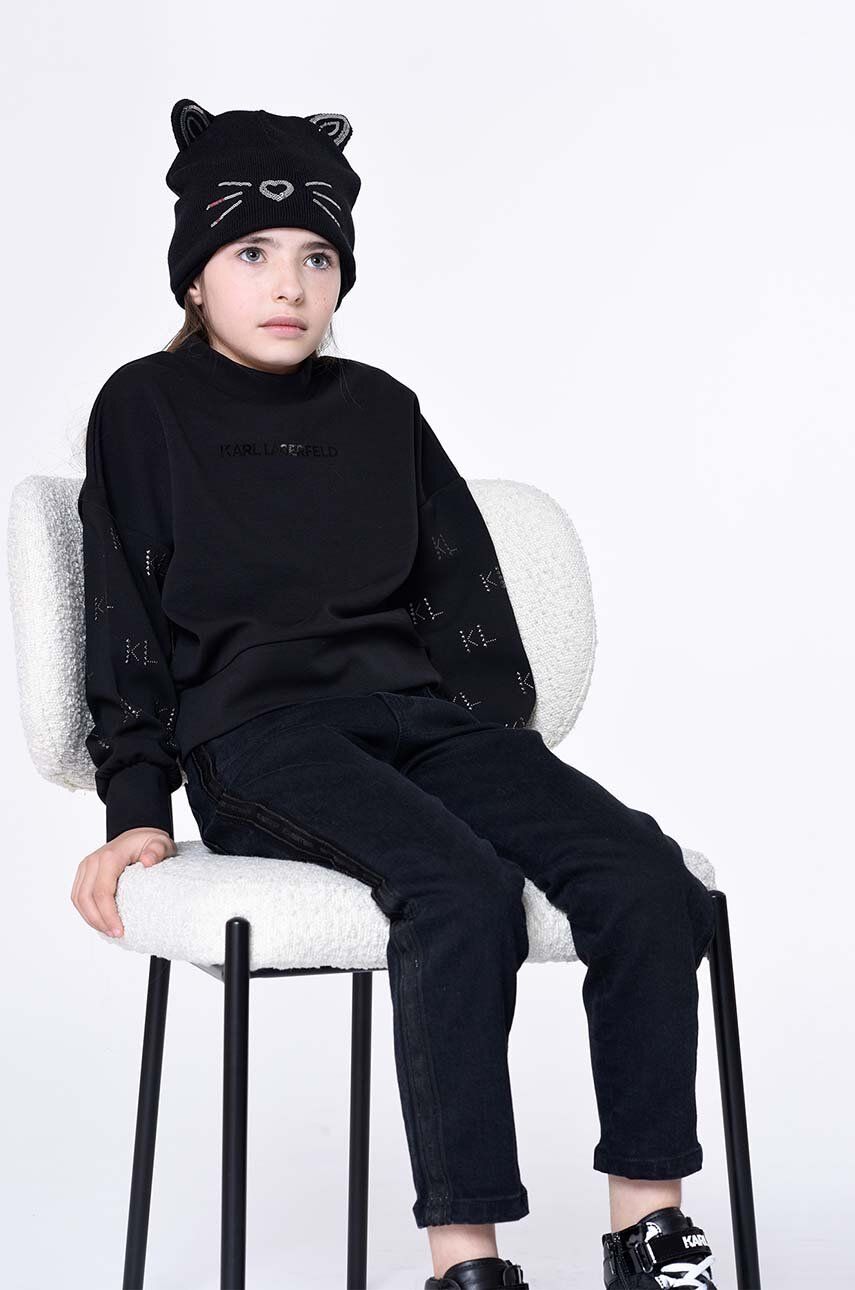 Dětska čepice Karl Lagerfeld černá barva, z tenké pleteniny - černá - 55 % Bavlna