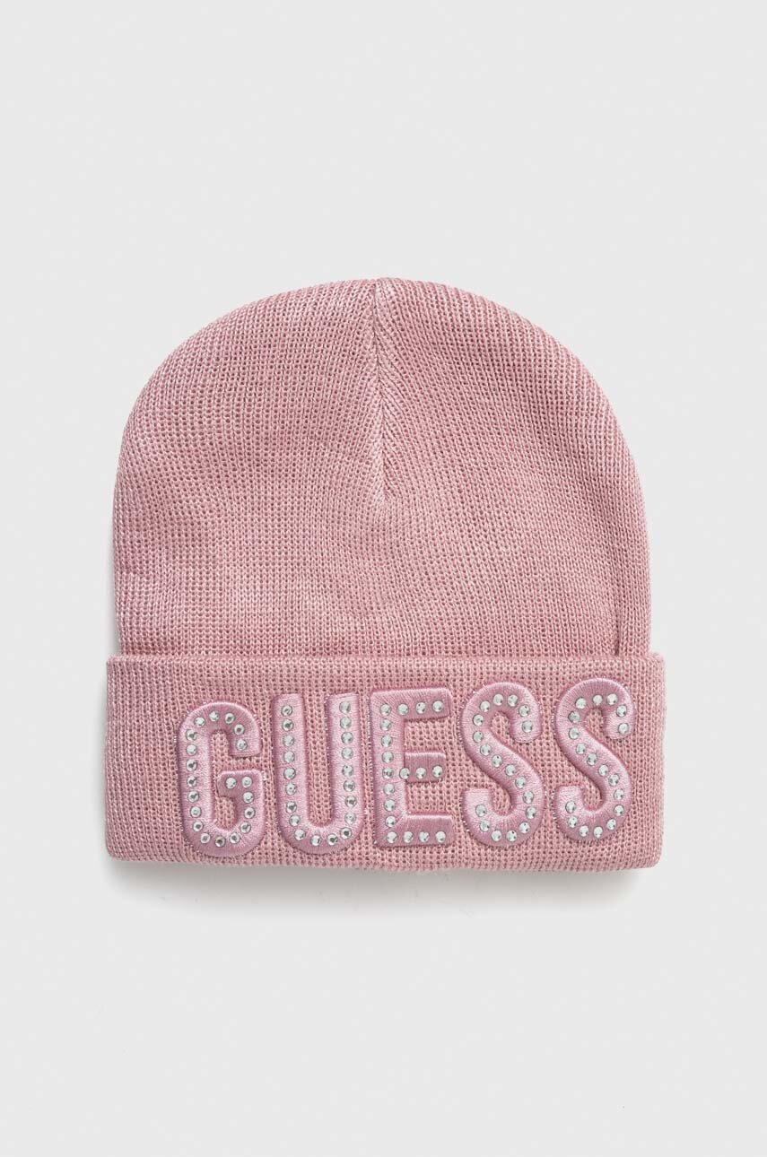 

Детска шапка Guess в розово с фина плетка, Розов