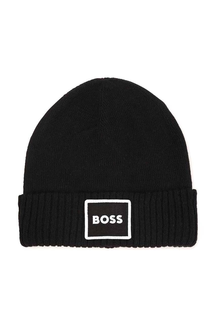

Дитяча шапка з домішкою вовни BOSS колір чорний з товстого трикотажу