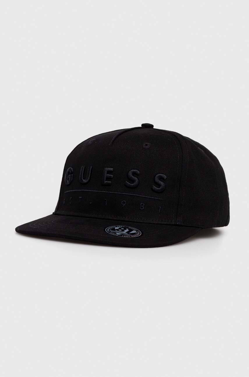

Бавовняна бейсболка Guess колір чорний з аплікацією