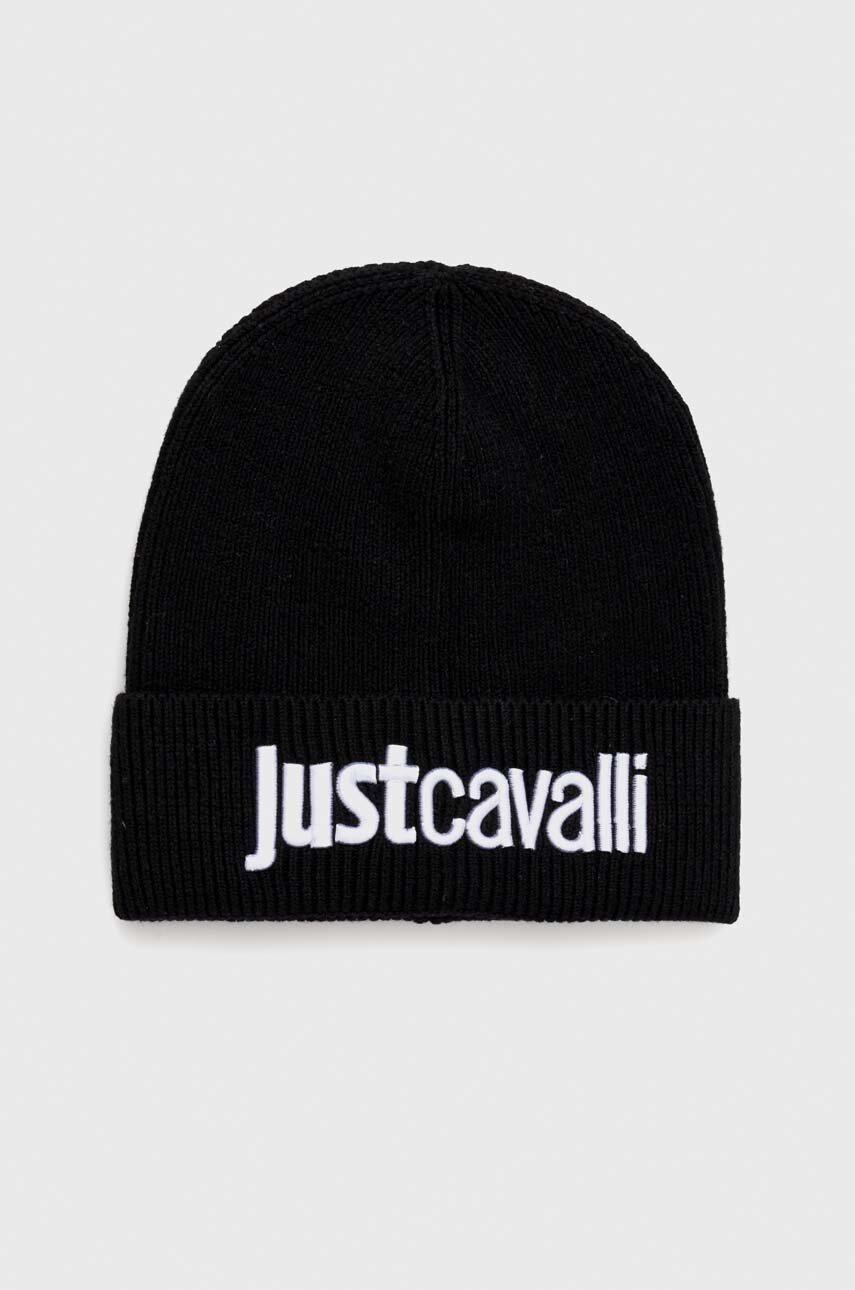 

Шапка с вълна Just Cavalli в черно с фина плетка, Черен